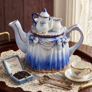 KMP VintageTeapot With Gold Trim and Small Play Tea Set on Top